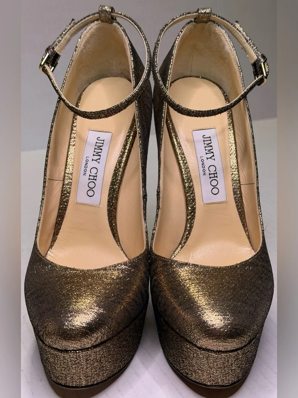 Jimmy Choo Klerise 150 Bronze Metallic Platform Ankle Strap Pumps EU 38 Italy